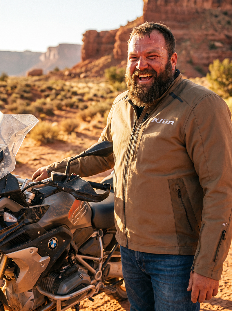 Jolly man wearing Klim Marrakesh jacket